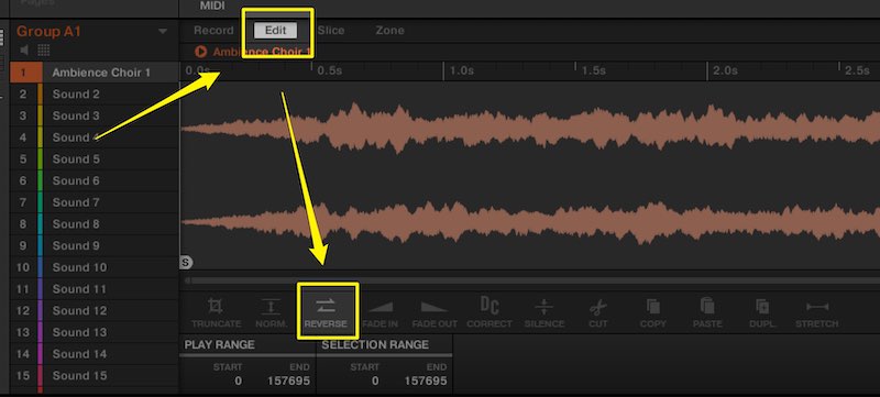 サンプリングモードからサンプルの【Edit】に入ります。その下のタブに【REVERSE】ボタンがあります。